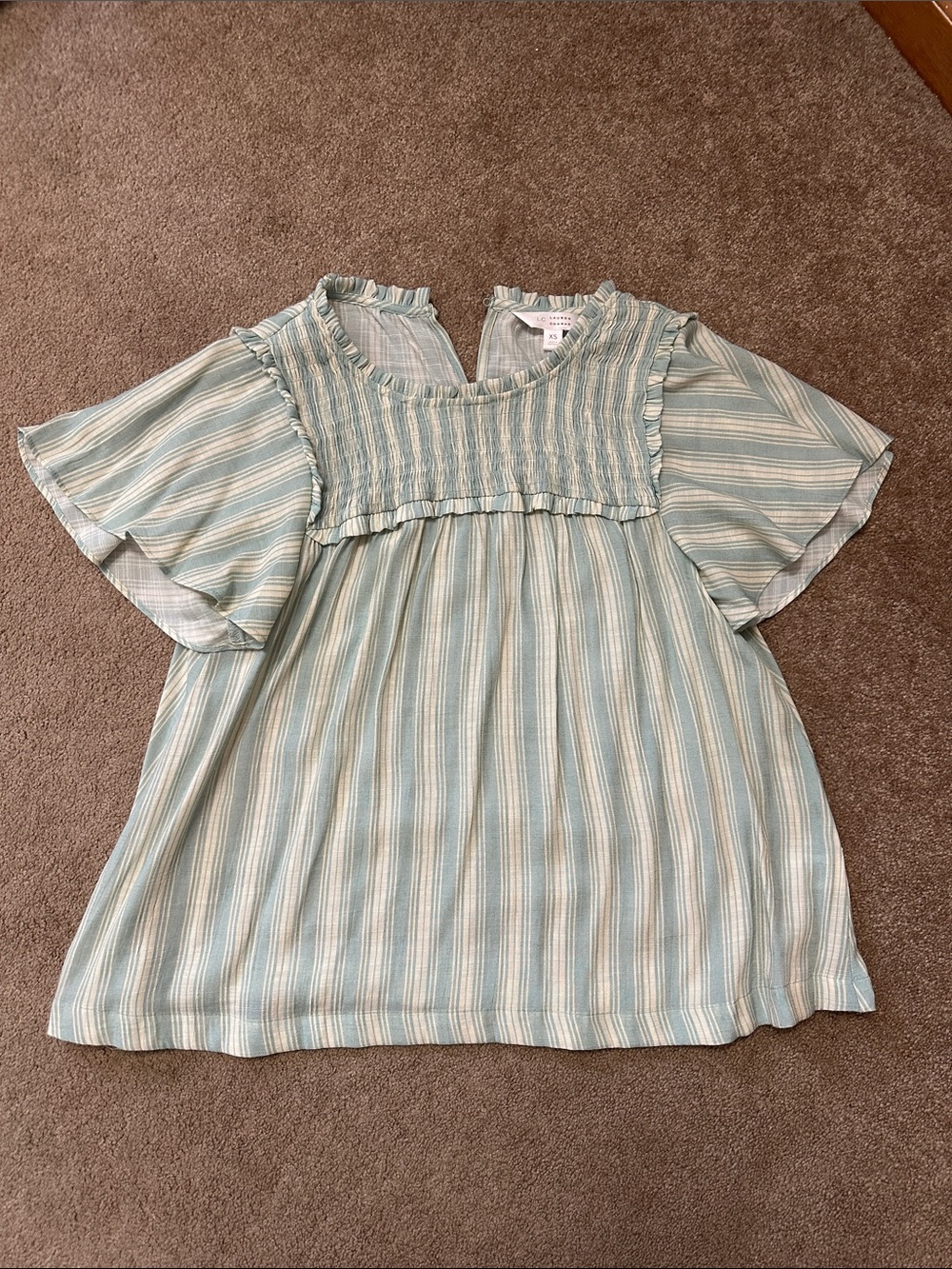LC Lauren Conrad Light Blue and Cream Striped Ruffle Yoke Blouse